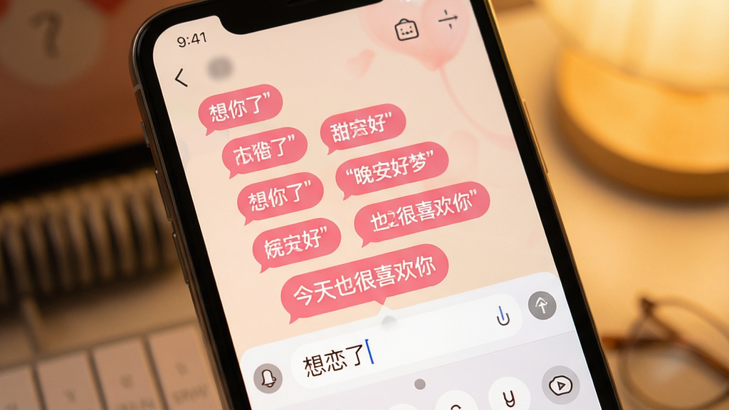 一张展示甜恋键盘智能词库功能的手机截图风格图片,画面中手机屏幕显示聊天输入框,输入框上方弹出多条甜言蜜语候选词条,如