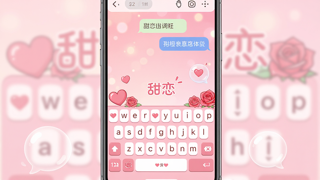 一张以甜恋键盘为主题的手机界面展示图,画面中央是一部竖屏智能手机,手机屏幕显示粉色调的虚拟键盘界面,键盘上方有爱心与玫瑰花装饰元素,键盘按键为圆润的粉色与白色搭配,屏幕顶部显示聊天对话框,背景为柔和的渐变粉色与光斑,整体风格清新甜美,细节包括键盘上的爱心图标、动态气泡和可爱字体,画质高清,画面干净,无多余元素