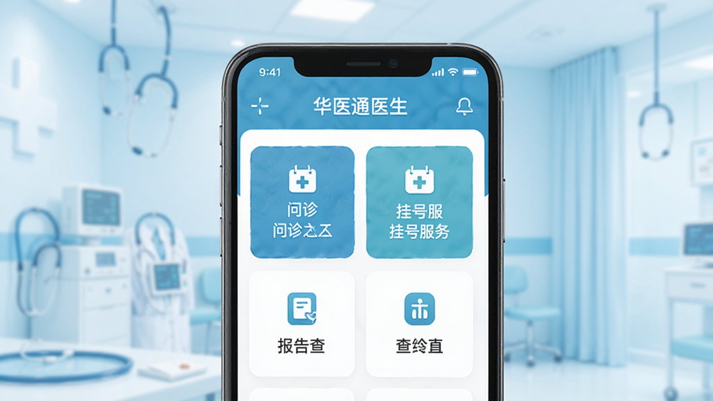 华医通医生APP主界面展示,画面中央是一部智能手机,屏幕上显示华医通医生应用的首页,包含问诊入口、挂号服务、报告查询等功能模块,背景是干净的浅蓝色医疗风格,整体布局简洁清晰,风格现代扁平化,细节上体现医疗图标的细腻质感,画质高清,干净无多余元素