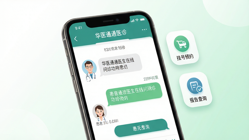 华医通医生在线问诊功能界面,画面展示手机屏幕上的问诊对话页面,医生头像和患者消息气泡清晰可见,旁边有挂号预约和报告查询的图标悬浮展示,背景为柔和的白色和浅绿色渐变,风格清新医疗,细节表现界面按钮和文字排版,画质高清,干净无多余元素