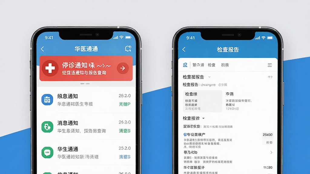 华医通医生消息通知与报告查询界面,画面中手机屏幕显示消息列表和检查报告详情页,顶部有醒目的停诊通知横幅,背景为浅灰色和蓝色搭配,风格简约商务,细节上突出图标和文字层次,画质清晰,干净无多余元素