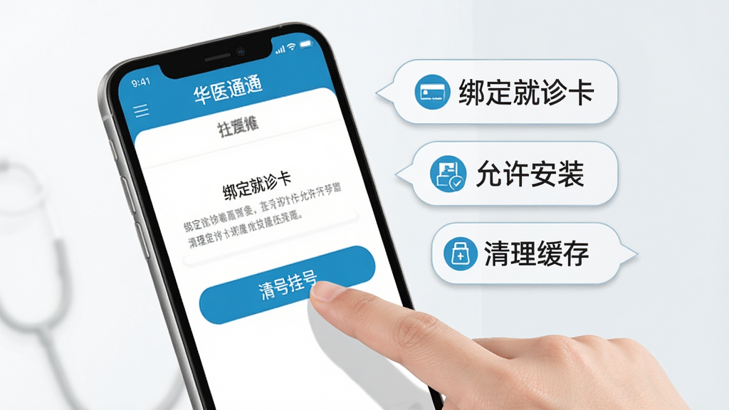 华医通医生手机端操作指引示意图,画面展示一部手机和一只手正在点击屏幕上的挂号按钮,旁边有提示气泡标注“绑定就诊卡”“允许安装”“清理缓存”等文字,背景为干净的白色和浅灰色,风格简洁教程风,细节清晰,画质高清,干净无多余元素