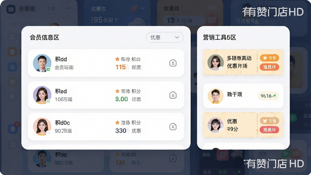 一张展示会员管理与营销活动界面的图片,画面主体为会员列表和优惠券卡片居中排列,布局分为会员信息区和营销工具区,风格为柔和圆角设计,细节包括会员头像、积分数字和优惠券标签,画质高清,干净无多余元素,画面中带有“有赞门店HD”文字标识