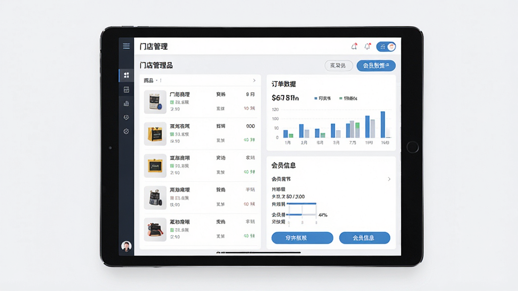 一张展示平板电脑上运行门店管理软件的界面图,画面主体为平板设备居中放置,屏幕上显示商品列表、订单数据和会员信息等模块,布局清晰整洁,风格为现代简约商务风,细节包括商品缩略图、数据图表和操作按钮,画质高清,干净无多余元素