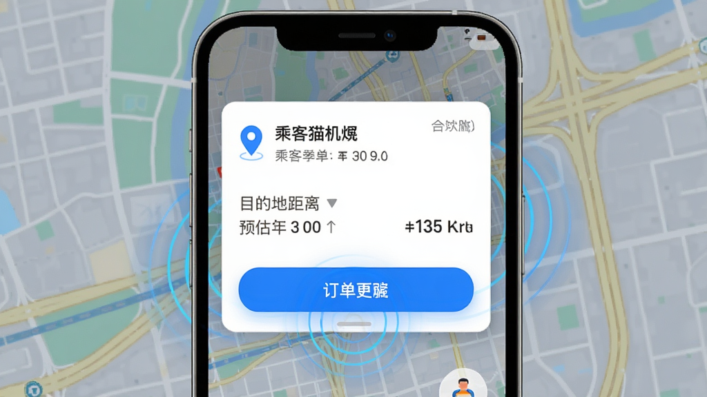 出行猫司机端智能订单推送功能展示,手机屏幕弹出订单卡片,卡片上显示乘客位置、目的地距离和预估收入,背景为城市地图和道路网络,布局为手机居中特写,排版突出订单信息层级,风格为科技感UI设计,细节包括蓝色高亮按钮和动态波纹效果,画质高清,干净,无多余元素