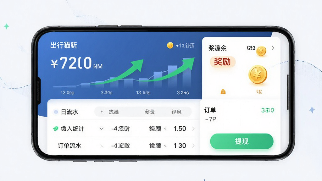 出行猫司机端收入管理界面,手机屏幕展示收入统计图表和订单明细列表,包含日流水数字、奖励标签和提现按钮,布局为手机屏幕居中展示,排版为上图下表结构,风格为清新商务风,细节包括绿色收入增长箭头和金币图标,画质高清,干净,无多余元素