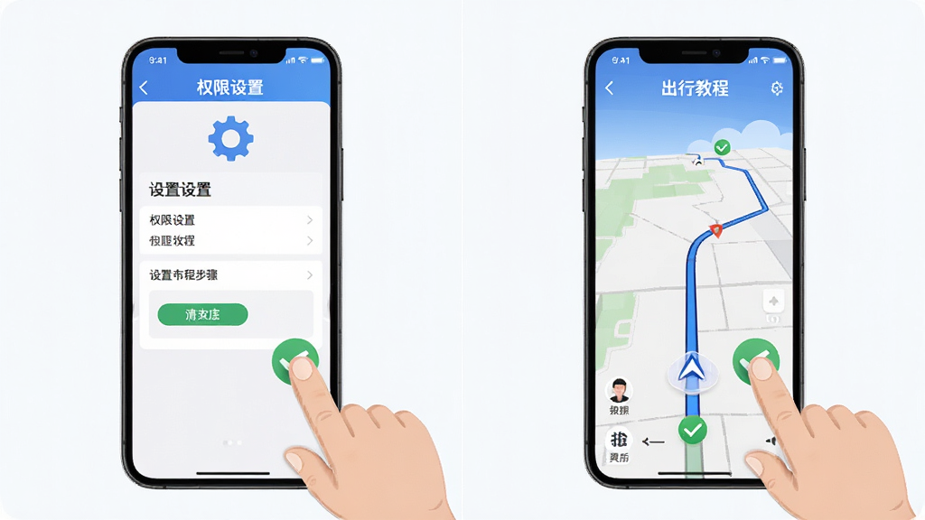 出行猫司机端实操教程示意图,手机屏幕显示权限设置页面和导航界面,旁边有手指点击操作的示意,布局为左右分栏展示设置步骤,排版清晰有序,风格为教程图解风,细节包括齿轮图标和勾选标记,画质高清,干净,无多余元素