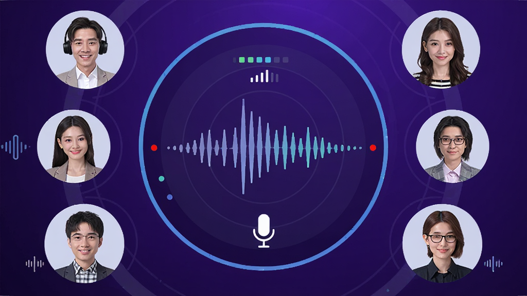 仙乐语音高清语音通话功能展示图,画面中央是一个圆形语音波形图,周围环绕多个用户头像圆圈,背景是深紫色渐变,风格科技感十足,细节包括信号强度指示条、麦克风图标、降噪标识,画质清晰,干净,无多余元素