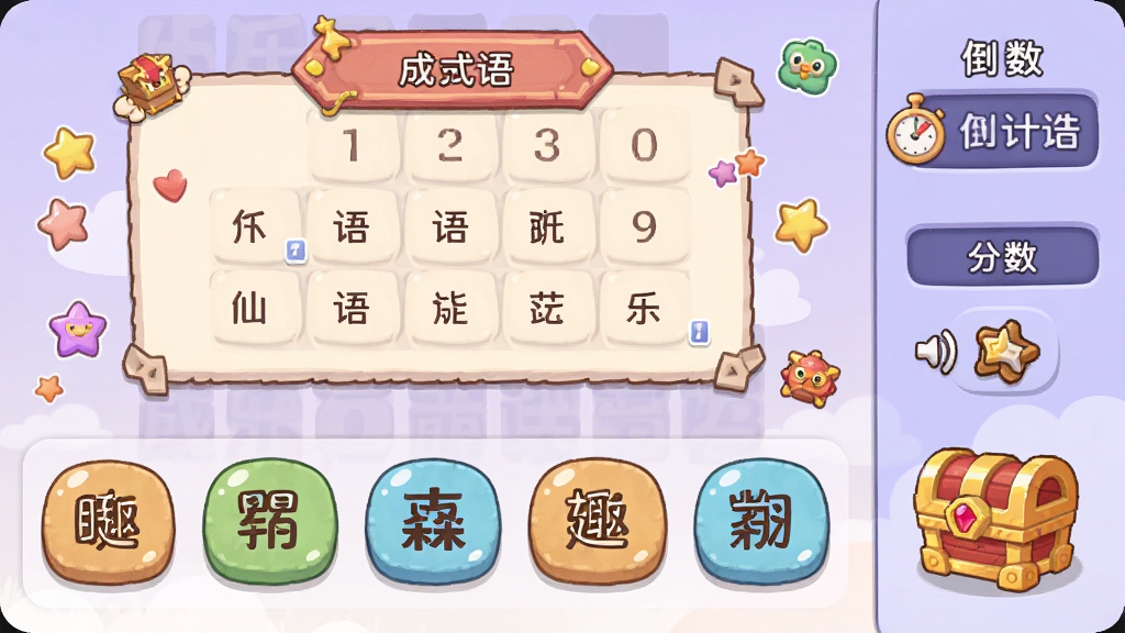 仙乐语音趣味互动玩法界面,画面展示成语消除游戏界面,上方是成语填空区域,下方是可选汉字按钮,右侧有倒计时和分数显示,背景是淡紫色,风格轻松活泼,细节包括卡通装饰元素、音效图标、奖励宝箱,画质清晰,干净,无多余元素