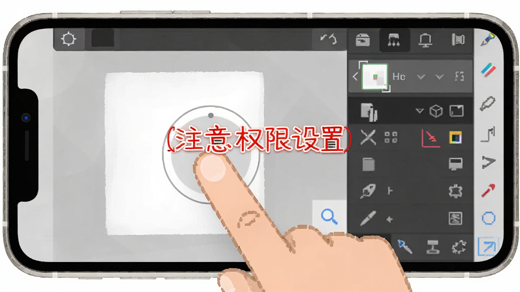 像素本新手操作示意图,画面展示手机屏幕分屏显示,左侧为画布区域,右侧为图层面板和工具栏,手指正在执行双指缩放动作,画面中有红色标注文字