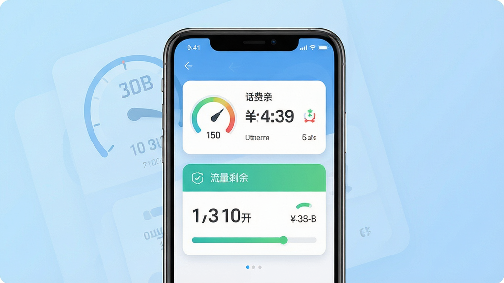 手机话费流量查询软件主界面展示,画面中央是一部智能手机,屏幕显示话费余额和流量剩余数据卡片,背景为浅蓝色渐变,整体布局简洁清晰,风格为现代扁平化设计,细节包含数字仪表盘和进度条,画质高清,干净,无多余元素