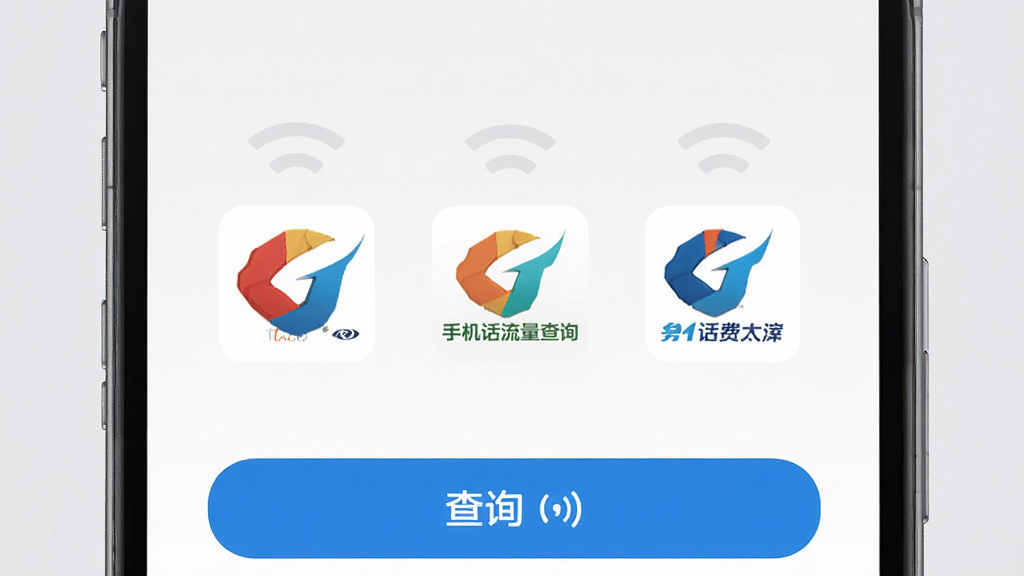 手机话费流量查询多运营商适配展示,画面中央为手机屏幕显示三大运营商图标排列,屏幕下方有查询按钮,背景为淡灰色,风格商务简洁,细节包含信号波纹和运营商标志,画质高清,干净,无多余元素