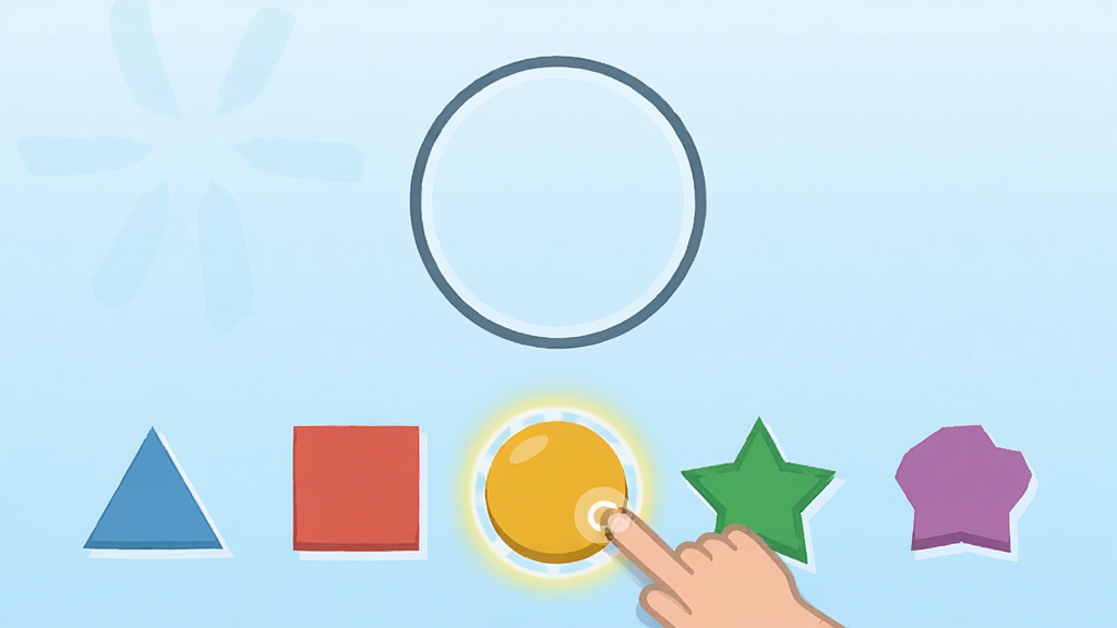 Shape Hunt��Ϸ�����������棬����������ʾһ��ԲȦ������ʾ���·�������������ͬ��״�İ�ť������һ��ΪԲ���Ҵ��и������Σ�����Ϊ�����Ρ����Ρ����εȣ�����Ϊ����ɫ���䣬������±�ƽ��ϸ������ָ���Բ�ΰ�ť�Ķ���Ч�������������ɾ����޶���Ԫ��