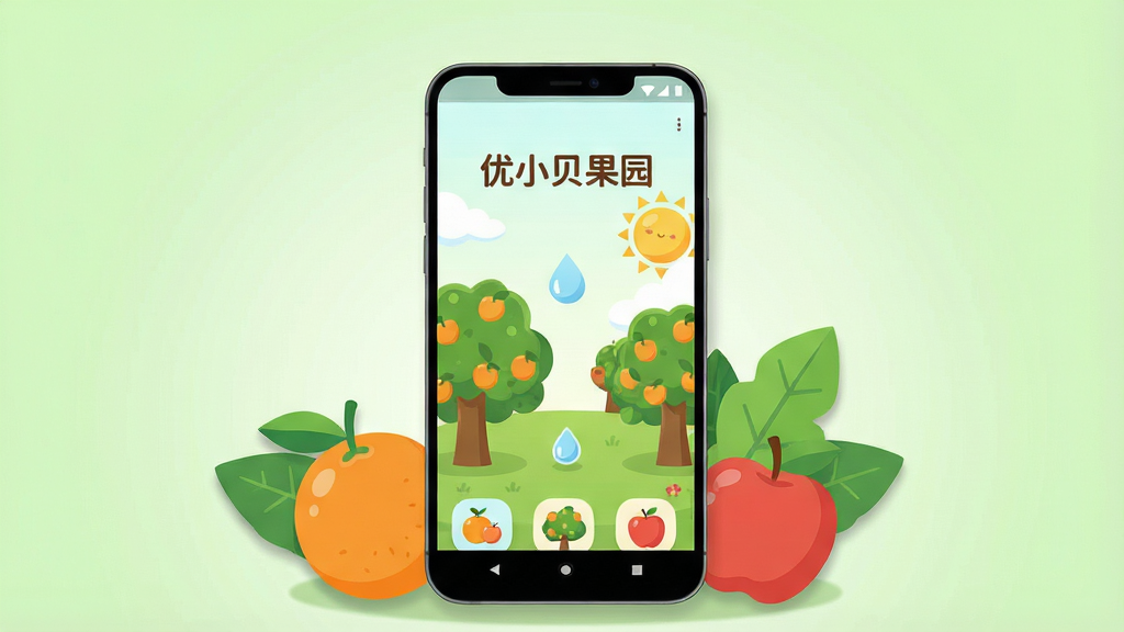 一张明亮清新的手机应用场景图,画面中央是一部竖屏安卓手机,手机屏幕上显示“优小贝果园”的虚拟果园界面,有果树、水滴和阳光元素,手机周围环绕着橙子、苹果和绿叶,背景是柔和的浅绿色渐变,布局简洁居中,风格为扁平化卡通插画,细节包括圆润的图标和柔和的阴影,画质高清,干净,无多余元素