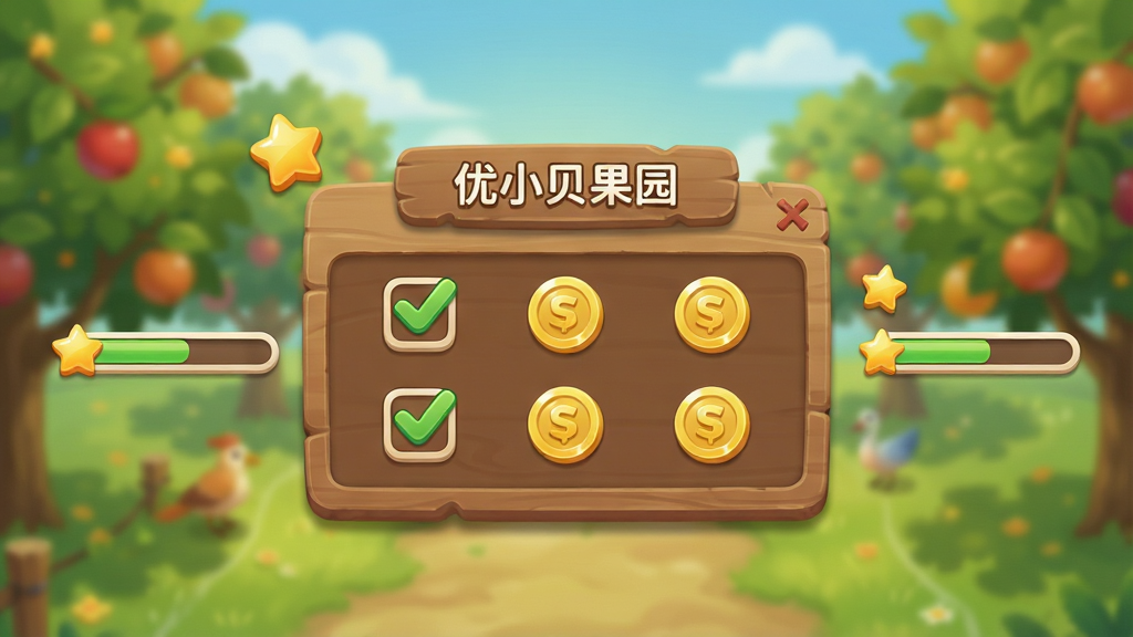 一张“优小贝果园”任务界面示意图,画面中央是一个木质质感的任务面板,面板上排列着打勾的复选框和金币图标,面板周围漂浮着星星和经验值进度条,背景是虚化的果园场景,布局为居中对称,风格为清新游戏UI风格,细节包括圆角图标和柔和的阴影,画质高清,干净,无多余元素