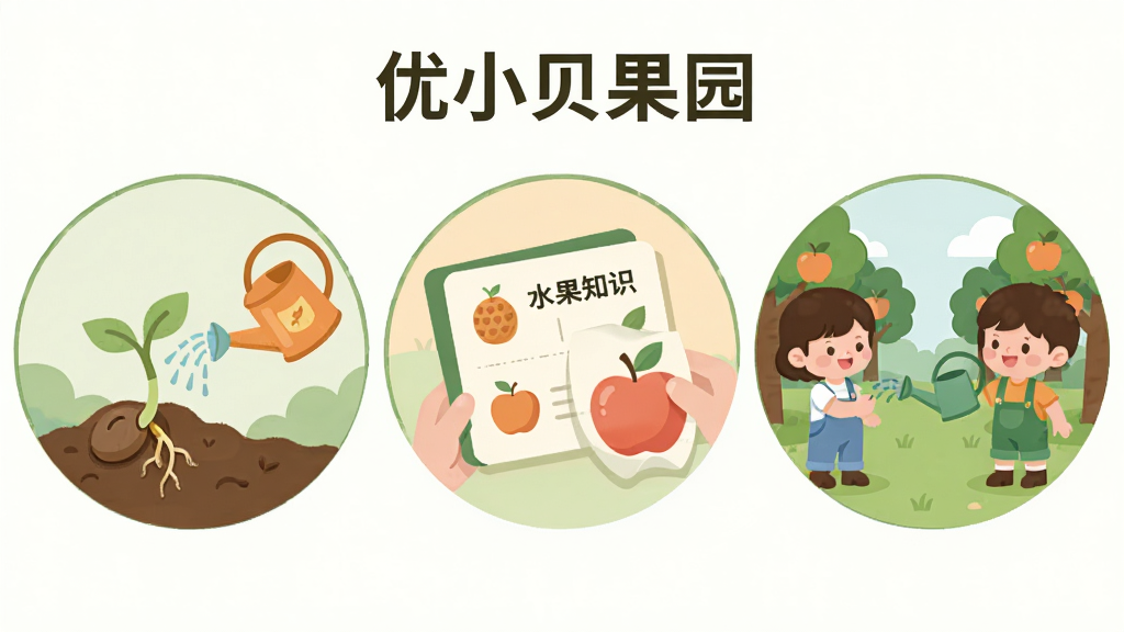 一张“优小贝果园”功能展示图,画面分为三个并列的圆形区域,左侧圆圈内展示种子发芽和浇水壶,中间圆圈内展示翻开的水果知识卡片和苹果图案,右侧圆圈内展示两个卡通人物在果园里互相浇水的场景,整体布局为横向排列,风格为扁平化矢量插画,细节包括柔和的绿色和橙色配色,画质高清,干净,无多余元素