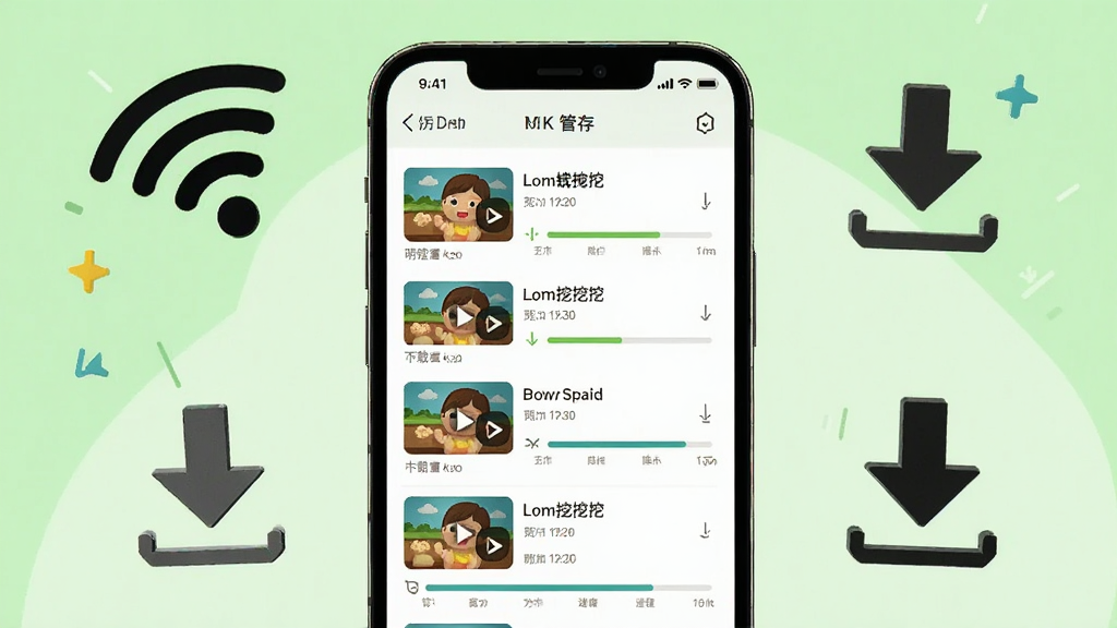 画面中央是一部手机,屏幕显示萌宝挖挖挖的离线缓存管理界面,界面中有多个已下载的视频条目和下载进度条,手机周围有WiFi信号图标和下载箭头图标,背景为清爽的浅绿色,整体风格简约清新,扁平插画风格,画面干净无多余元素,4K高清画质
