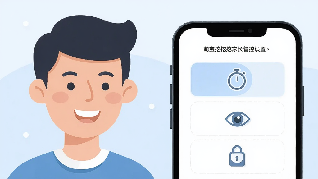 画面左侧是一位面带微笑的家长形象,右侧是手机屏幕显示着萌宝挖挖挖的家长管控设置界面,界面上有计时器图标、眼睛图标和小锁图标,背景为温馨的浅蓝色,整体风格简洁现代,扁平插画风格,画面干净整洁,4K高清画质