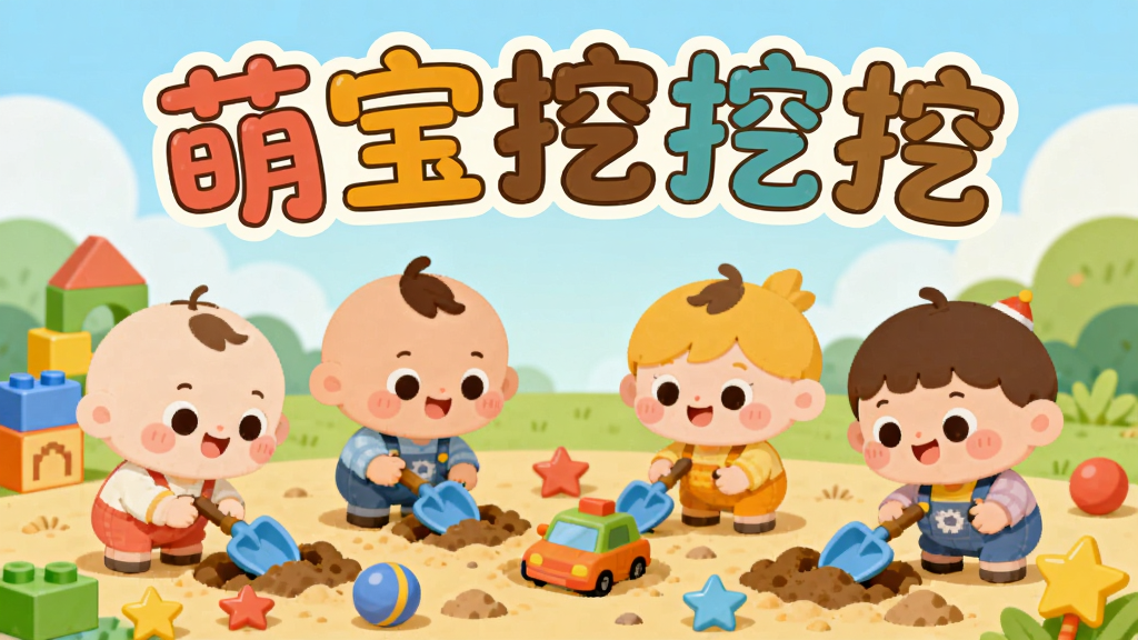 画面上方居中位置用圆润可爱的卡通字体写着“萌宝挖挖挖”五个大字,下方主体是一个明亮温暖的卡通挖掘场景,几个圆头圆脑的萌宝角色手持小铲子正在沙土中挖掘彩色玩具,四周散落着积木、小球和星星道具,背景是柔和的蓝天绿地,整体采用扁平卡通风格,色彩饱和度高、线条简洁、画面干净无多余元素,适合幼儿视觉,4K高清画质