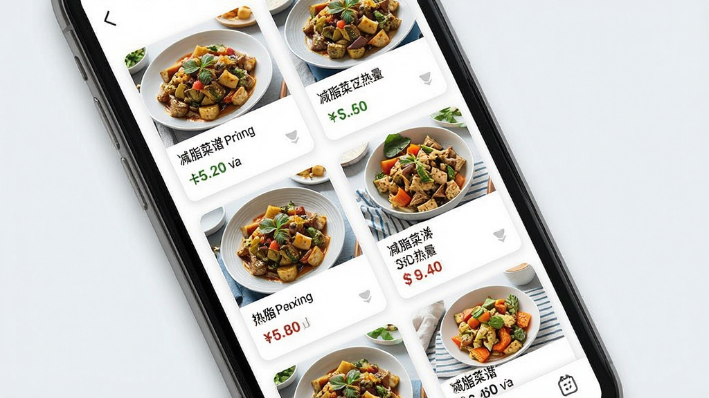 一张展示减脂菜谱内页食谱列表的图片,主体是手机屏幕上整齐排列的减脂菜品缩略图与热量标签,布局为多行两列的卡片式网格,排版干净有序,风格为清新健康类应用截图展示,细节包括每道菜的实拍图、菜名与卡路里数字,画质高清,干净,无多余元素
