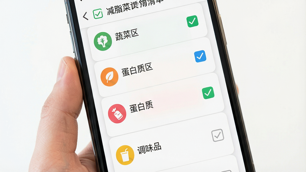 一张展示减脂菜谱购物清单功能的图片,主体是手机屏幕显示分类食材列表与勾选框,布局为清单式纵向排列,排版清晰易读,风格为实用工具类应用界面,细节包括蔬菜区、蛋白质区、调味品区的彩色图标与已勾选状态,画质高清,干净,无多余元素