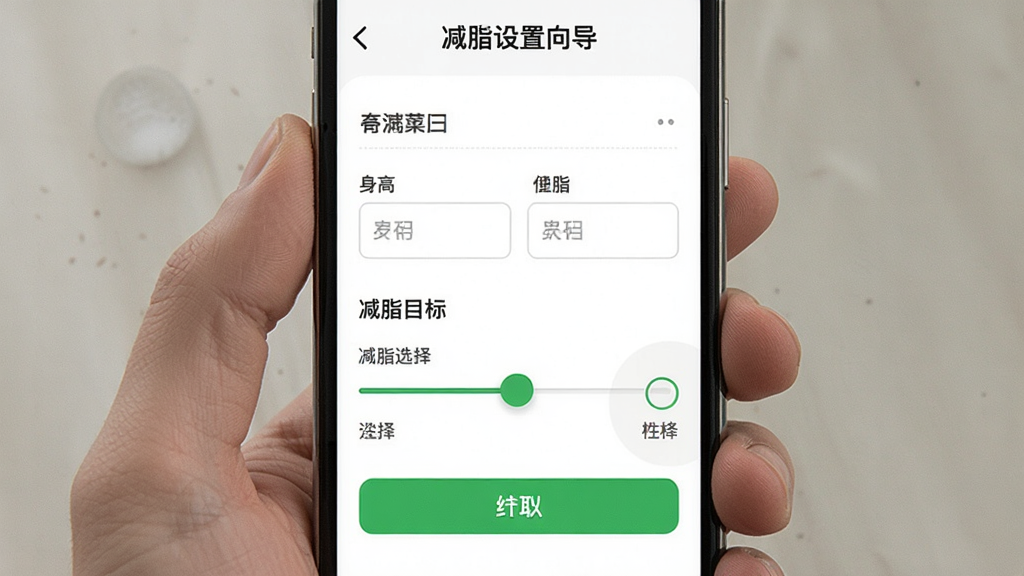 一张展示减脂菜谱新手设置向导界面的图片,主体是手机屏幕显示身体数据填写表单与目标选择滑块,布局为上下结构,排版简洁友好,风格为移动端应用引导页,细节包括身高体重输入框、减脂目标选项与绿色确认按钮,画质高清,干净,无多余元素