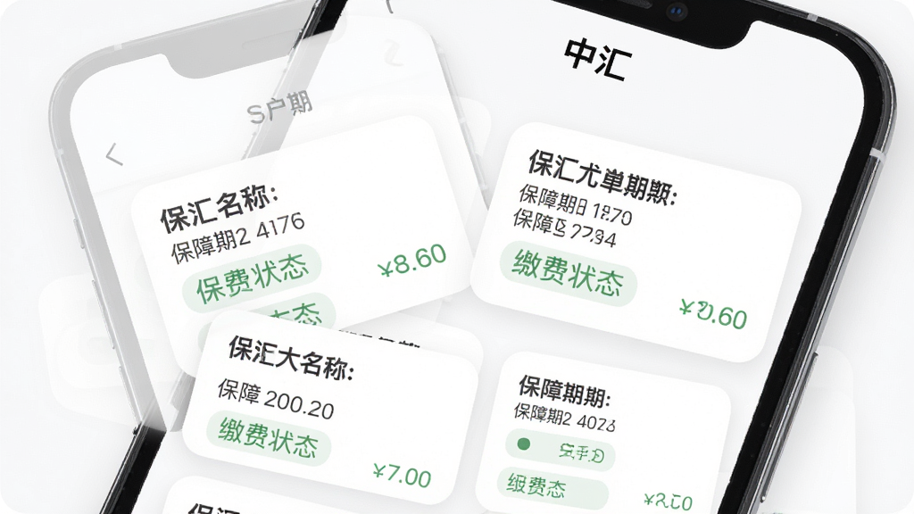 一部手机屏幕展示“中汇”APP保单管理页面,页面中清晰列出多张保单卡片,每张卡片显示保单名称、保障期限和缴费状态,卡片采用柔和圆角设计,背景为白色,顶部有“中汇”字样,整体风格清新简洁,画面干净明亮,画质高清,无多余装饰元素