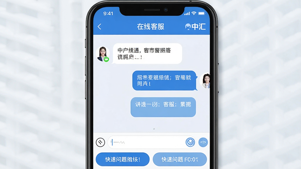 手机屏幕展示“中汇”APP在线客服聊天界面,左侧为用户提问气泡,右侧为客服回复气泡,底部有输入框和快捷问题按钮,界面顶部显示“在线客服”标题和“中汇”品牌标识,整体配色以蓝白为主,风格简洁专业,画面干净,画质清晰,无多余元素