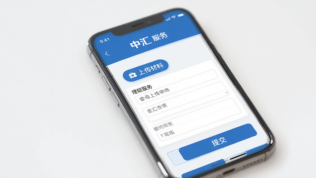 手机屏幕展示“中汇”APP理赔申请页面,页面中有上传材料按钮、填写表单区域和提交按钮,界面顶部显示“理赔服务”和“中汇”标识,整体配色蓝白相间,布局清晰,风格专业简洁,画质高清,干净无多余元素