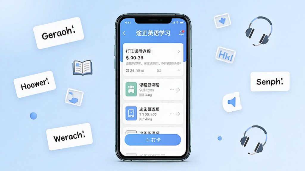 һ��չʾ;��Ӣ��ѧϰAPP��ҳ������ֻ�����ͼ������������һ�����������ֻ�����Ļ�ڳ���;��APP�Ŀγ��б���򿨰�ť������Ϊ��͵�ǳ��ɫ���䣬��Χ��׺Ӣ�ĵ��ʿ�Ƭ�����ͼ�꣬���������¼�࣬�Ű���У�ϸ�����������ʸɾ����޶���Ԫ��