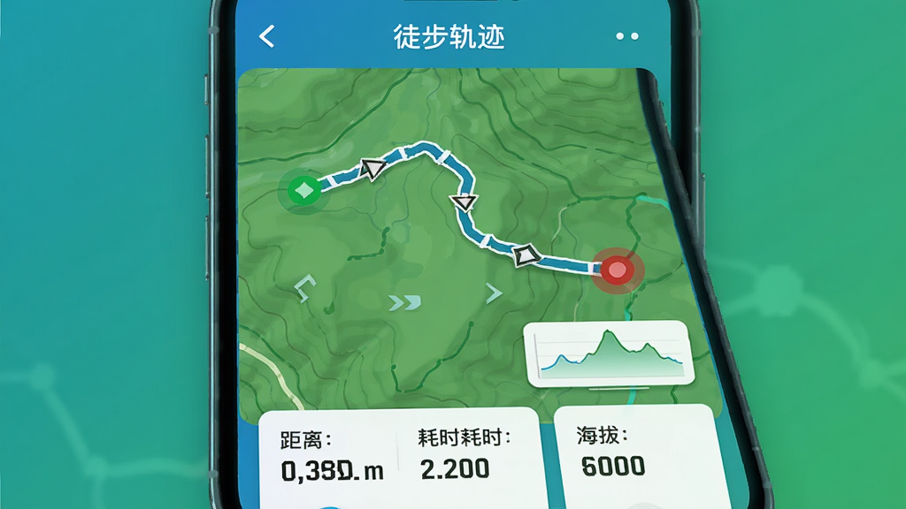 һ��չʾ�ֻ���Ļ��������ֲ廭����Ļ����ʾһ��������GPS�켣���ߣ��켣��������ɫ����ͼ�ϣ������յ�ֱ�����ɫ�ͺ�ɫԲ���ǡ���Ļ�Ϸ���