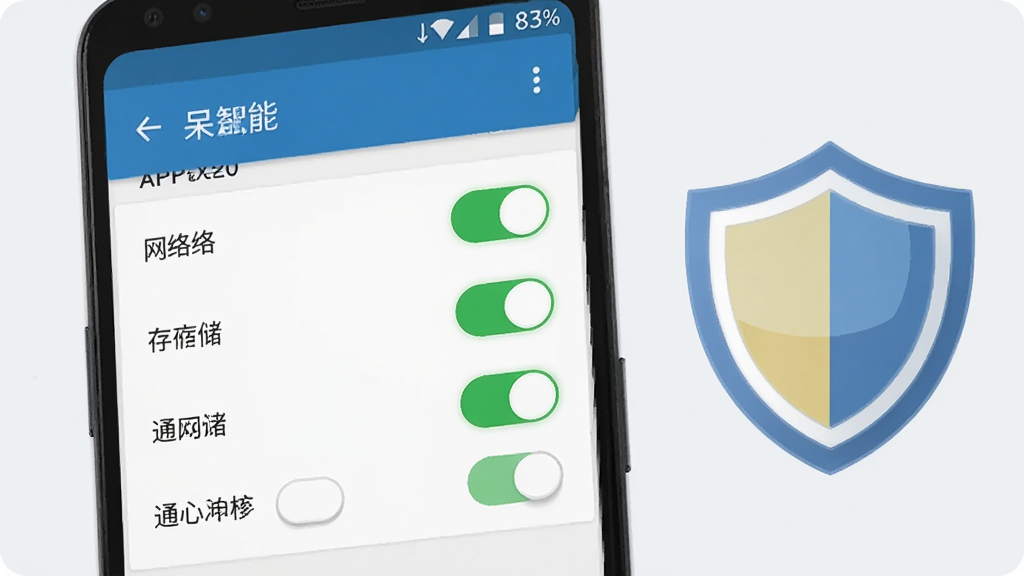 һ����׿�ֻ���Ļ��ʾ�������ܡ�APP��Ȩ������ҳ�棬ҳ�������硢�洢��֪ͨ��Ȩ�޿�������ɫ������ʾ���ֻ��Ա߷���һ������ͼ�������ȫ����������Ϊǳ��ɫ�����ּ������������ƽ����ϸ�ڸɾ����޶���Ԫ�أ�������Ⱦ