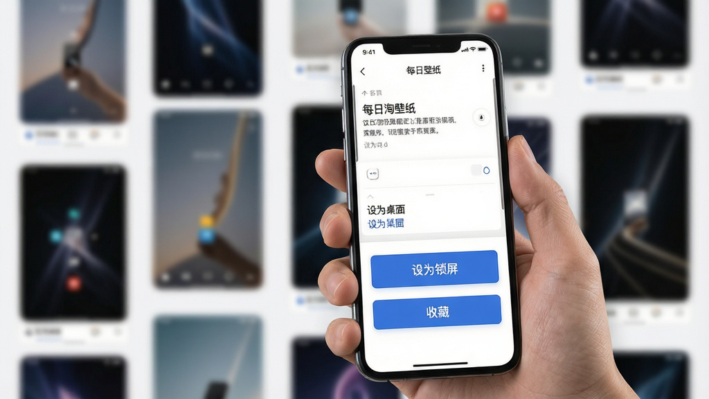一张展示手机壁纸设置流程的示意图,画面中一只手拿着手机,屏幕上显示着每日淘壁纸的壁纸详情页,页面上有“设为桌面”“设为锁屏”“收藏”三个醒目按钮,背景是虚化的壁纸缩略图瀑布流,布局简洁直观,风格科技感十足,细节清晰,画质高清,无多余元素