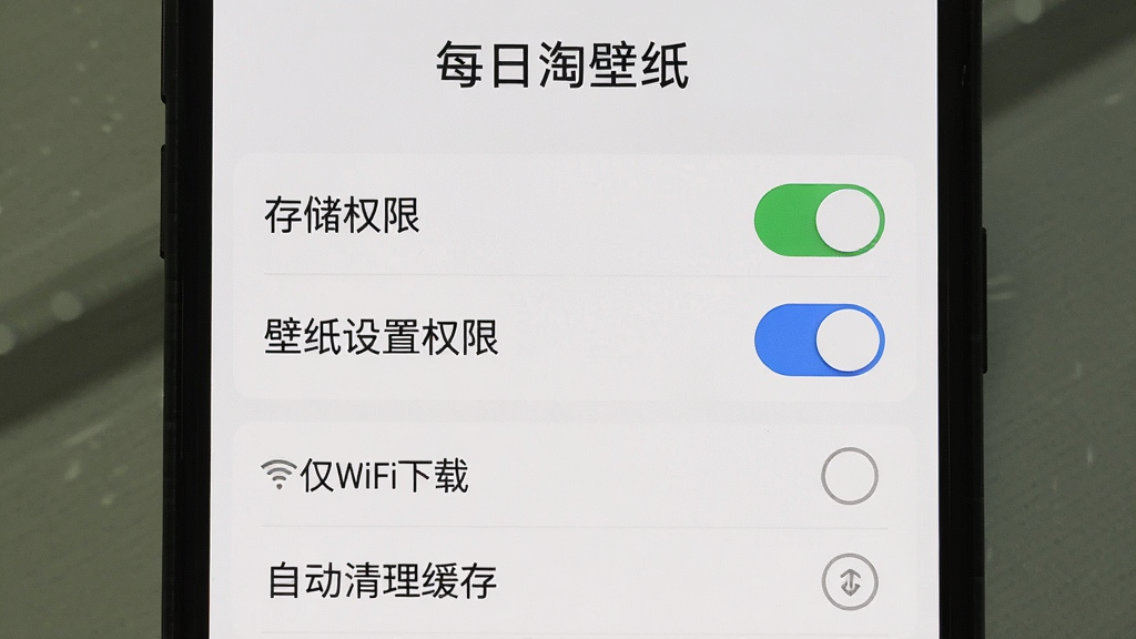 一张手机屏幕截图风格的图片,画面展示每日淘壁纸的权限设置引导页面,页面上有存储权限、壁纸设置权限的开关按钮,以及“仅WiFi下载”“自动清理缓存”等选项,布局清晰,风格简洁,细节到位,画质高清,无多余元素