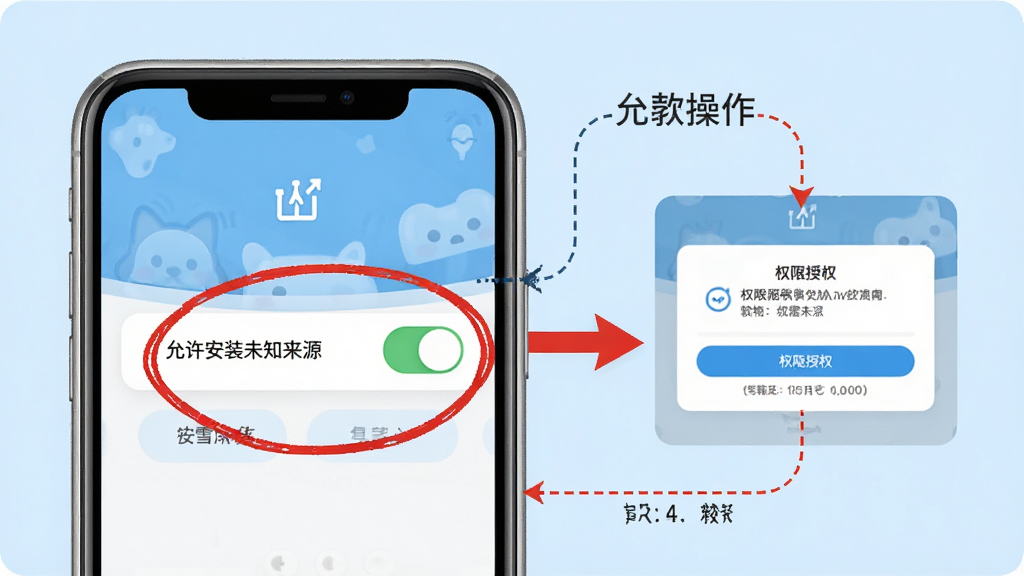 Ŵѩ����APP���ֲ���ʾ��ͼ������չʾһ���ֻ���Ļ����Ļ���ú�ɫԲȦ��ע�ˡ�������װδ֪��Դ���Ŀ���λ�ã��Ա��м�ͷָ����һ����Ȩ����Ȩ����������Ϊǳ��ɫ�����̳�ͼ�⣬�Ű�������ϸ�ڰ����ֻ��߿�Ľ����ʸкͱ�ע�ߵ�������ʽ�����ʸ��壬�ɾ����޶���Ԫ�ء�