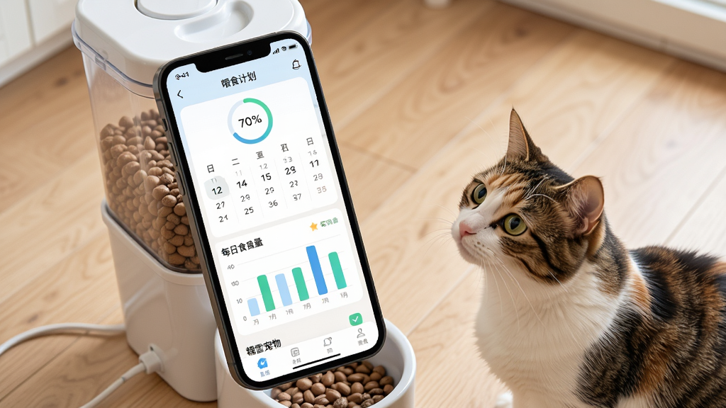 Ŵѩ����APP���Ի�ι���ƻ�����ͼ���ֻ���Ļ��ʾιʳ�ƻ�������ÿ��ʳ����״ͼ���Ա���һֻè���������Զ������Ĵ���Ͱ������Ϊǳľɫ�ذ壬���������Ű���Ȼ��ϸ�ڰ����ֻ�UI��Բ�ν�������è���ڴ������񣬻��ʸ��壬�ɾ����޶���Ԫ�ء�