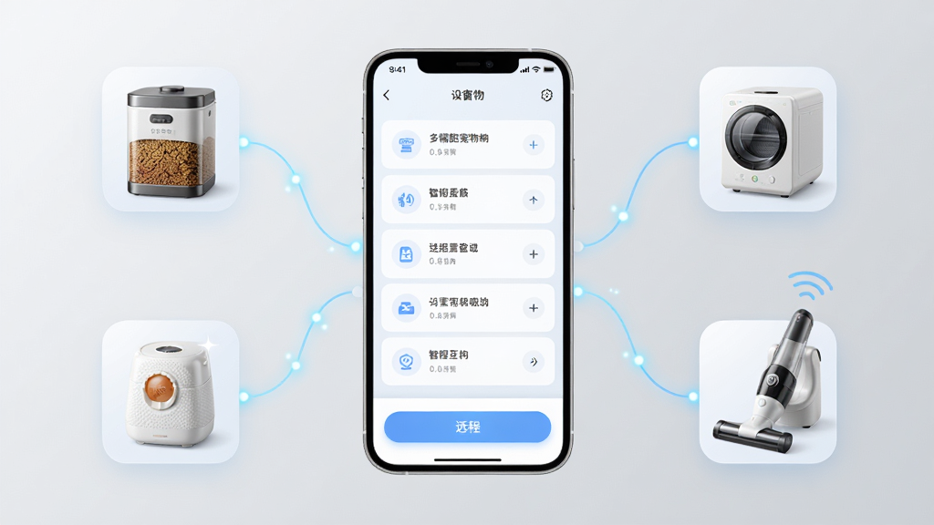 Ŵѩ����APP�����豸��������չʾͼ������������һ���ֻ����ֻ���Ļ��ʾ�豸�б���Զ�̿��ư�ť����Χ������Ŵѩ���ܴ���Ͱ����ɻ�����ë�������Ĳ�Ʒͼ�꣬ͼ��֮���е���ɫ�������ߡ�����Ϊǳ��ɫ���䣬���Ƽ���Լ���Ű���жԳƣ�ϸ�ڰ����豸ͼ��ĸ߹��ʸк������ߵ�������㣬���ʸ��壬�ɾ����޶���Ԫ�ء�