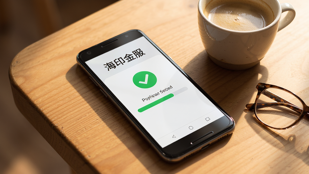 一部安卓手机放置在木质桌面上,屏幕显示“海印金服”的申请进度页面,页面中有绿色的对勾图标和进度条,手机旁边有一杯咖啡和一副眼镜。画面采用温暖的侧光照明,风格为真实生活场景摄影,细节丰富,画质清晰,无多余杂物。