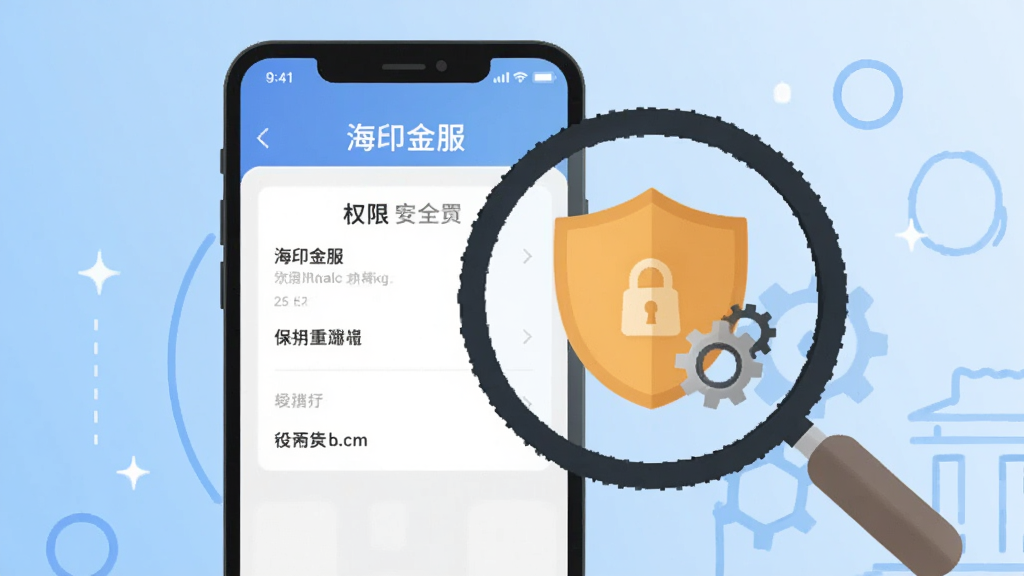一部手机屏幕显示“海印金服”的权限设置页面,旁边有放大镜观察盾牌和齿轮图标,背景为浅蓝色渐变。风格为扁平化信息图插画,构图简洁,重点突出安全设置主题,画质清晰,无多余装饰。