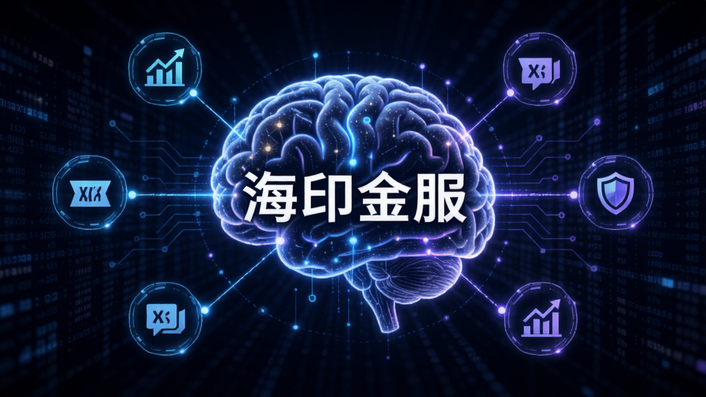 画面展示一个发光的数字大脑连接着多个金融产品图标,中心位置有“海印金服”的文字标识,光线呈蓝紫色科技感,背景为深色数据流。整体风格为未来科技感概念插画,布局对称,细节精致,画质高清,干净无多余元素。