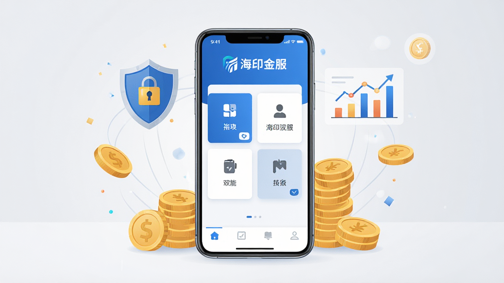 画面中央是一部智能手机,屏幕上显示“海印金服”应用主界面,界面以蓝色和白色为主色调,布局简洁,上方有品牌标识,中部为功能入口卡片,底部为导航栏。手机周围环绕着盾牌、金币、数据图表等金融安全元素,背景为干净的浅灰色渐变。整体风格为现代商务扁平化插画,细节清晰,画质高清,无多余杂乱元素。