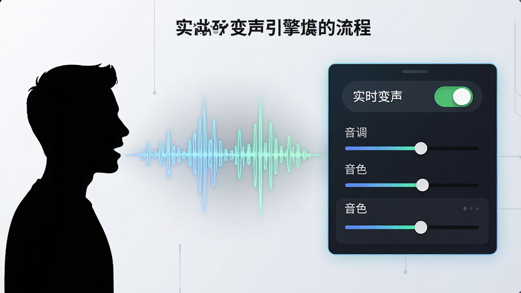 一张展示MossVox实时变声引擎工作流程的示意图,画面左侧是一个正在说话的人物剪影,右侧是MossVox的界面面板,面板上显示着“实时变声”开关和音调、音色调节滑块,中间用发光的声波线条连接,背景干净简洁,风格现代科技,画质清晰