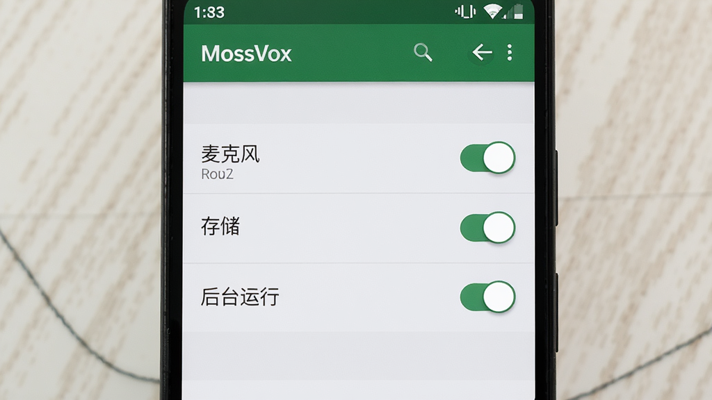 一张展示MossVox在安卓手机上权限设置界面的截图,画面中显示着“麦克风”“存储”“后台运行”三个权限开关均为开启状态,界面风格为原生安卓设置页面,背景干净,画质清晰