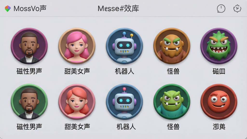 一张展示MossVox音效库界面的图片,画面中整齐排列着多个圆形音效图标,每个图标下方标注着“磁性男声”“甜美女声”“机器人”“怪兽”等文字,图标色彩丰富且带有轻微立体感,背景为柔和的浅灰色,整体排版干净有序,画质清晰