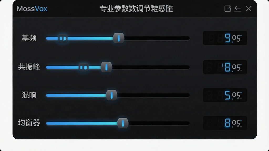 一张展示MossVox专业参数调节面板的图片,画面中显示着多个横向滑块和数值显示区域,标注有“基频”“共振峰”“混响”“均衡器”等文字,界面采用深色主题,滑块带有发光效果,背景干净无杂物,风格专业且易读