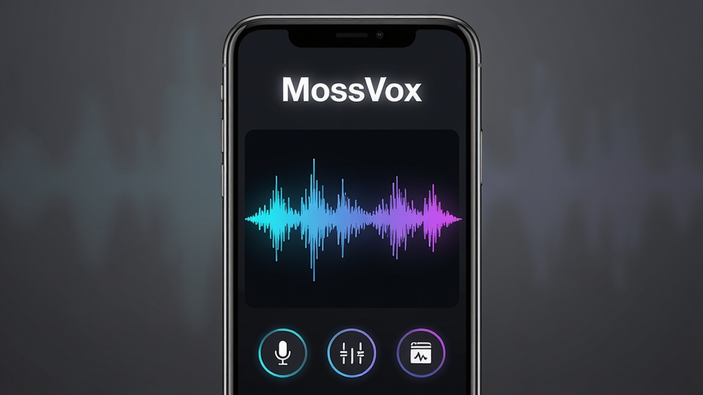 一张展示MossVox软件主界面的手机预览图,画面中央是深色主题的音频波形可视化界面,波形呈现霓虹蓝与紫色渐变,界面顶部有“MossVox”白色发光文字标识,底部排列着麦克风、均衡器、音效库三个圆形功能按钮,背景为干净的深灰色渐变,整体风格科技感十足,画质清晰,无多余元素
