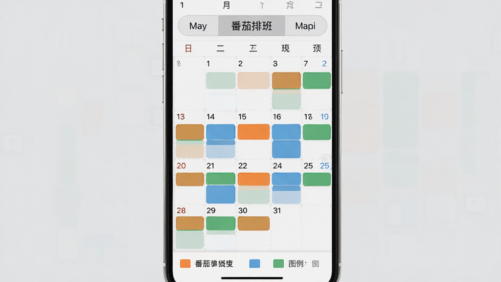 手机屏幕显示“番茄排班”的月视图日历,每个日期格子内填充着不同颜色的色块,如橙色、蓝色、绿色,代表不同班次。屏幕上方有月份切换按钮,下方有图例说明。整体界面干净整洁,背景为浅灰色,扁平化设计风格,画质清晰干净,无多余元素。
