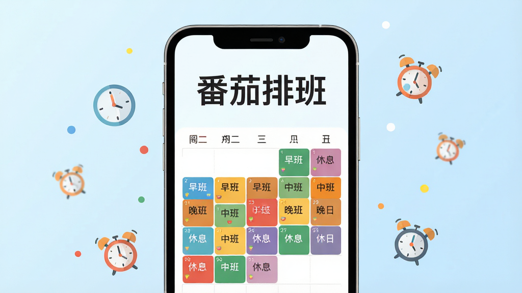 画面中央是一部智能手机,屏幕上显示着“番茄排班”四个大字,下方是色彩分明的日历视图,不同颜色的色块代表早班、中班、晚班和休息日。手机周围漂浮着几个小巧的时钟图标和闹钟图标,背景是柔和的浅蓝色渐变,整体风格清新简约,扁平化设计,画质清晰干净,无多余元素。