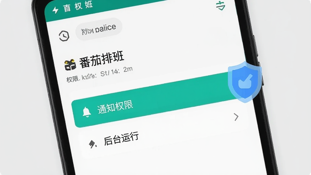 画面展示一部安卓手机,屏幕上显示“番茄排班”的应用权限设置页面,高亮标注了“通知权限”和“后台运行”两个选项,旁边有一个盾牌图标代表安全。背景为浅灰色,整体风格简洁明快,画质清晰干净,无多余元素。