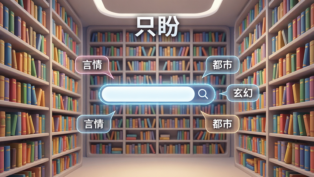 一幅展示“只盼”软件海量书库的AI生图,画面主体是一个巨大的虚拟图书馆,书架上摆满了各种颜色鲜艳的书籍,中央悬浮着一个发光的搜索框,周围环绕着不同分类的标签如“言情”“玄幻”“都市”,风格为现代科技感与温馨阅读氛围结合,画质清晰,布局对称,干净整洁